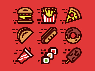 Fast Food Icons cafe fast food flat food fries hamburger hot dog icon pizza rolls taco vector