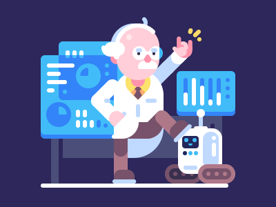Science Rocks lab illustration flat vector professor old physicist chemist character scientist robot laboratory