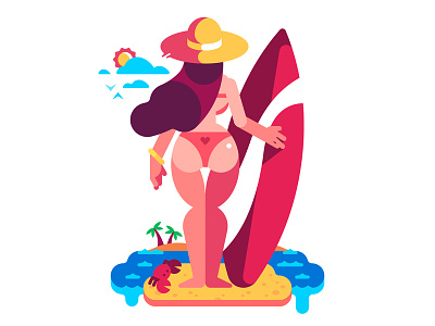 Girl with Surfboard beach bikini flat girl illustration sea sexy summertime surfboard surfing vector woman