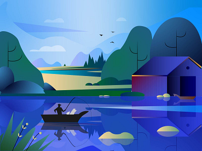 The old man fishing on the river 🎣 design illustration ui vector