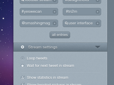 User Interface Sidebar blue checkboxes gray mac os x radio buttons settings sidebar tags tweets twitter