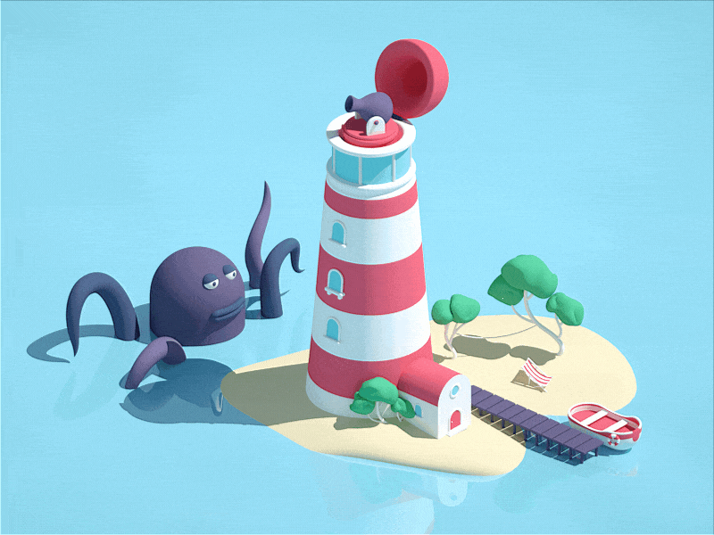 Unfriendly lighthouse 3d animation c4d cannon cartoon gif illustration lighthouse motion octopus sea squid