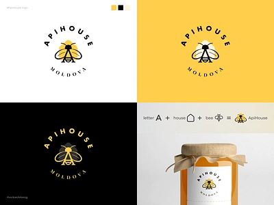 Letter A + House + Bee = ApiHouse Logo Design bee brand identity branding circle honey house letter logo logo design logotype yellow