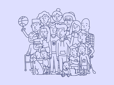 16 People and a Dog characters line people purple