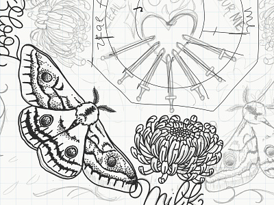 Moth WIP chrysanthemum floral hand lettering heart illustration lettering moth sword