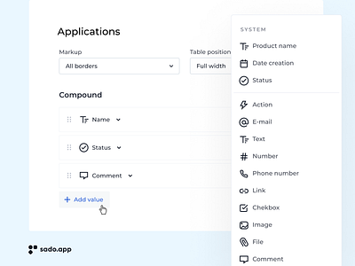 Request constructor. SADO app design finance low code mobile request constructor table ui ux