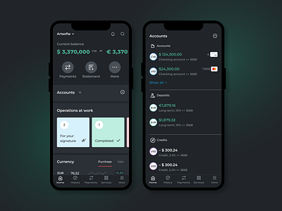 Mobile Internet bank for business. Dark theme