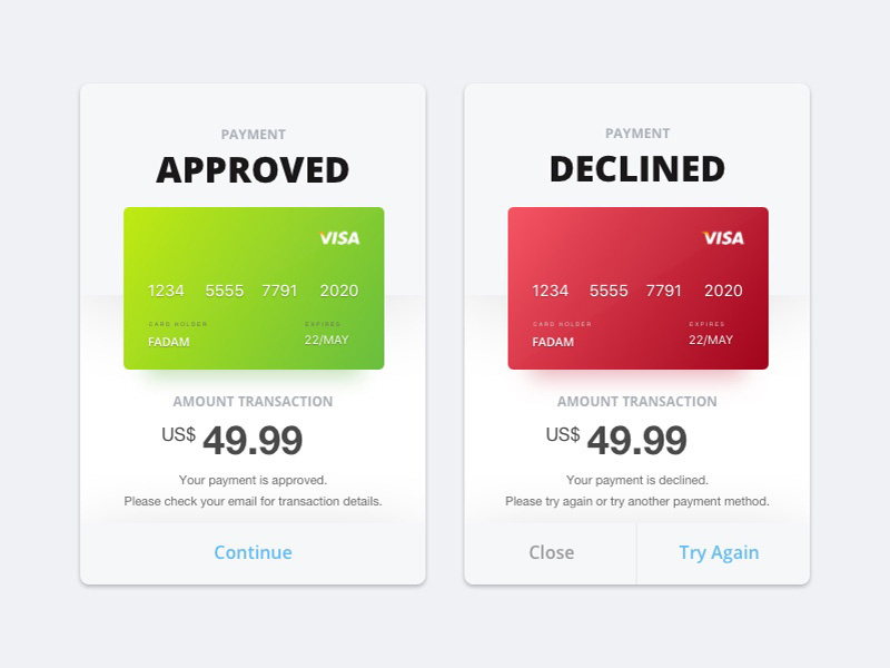 Payment Flash Messages ux ui approved popup message flash declined payment dailyui challenge