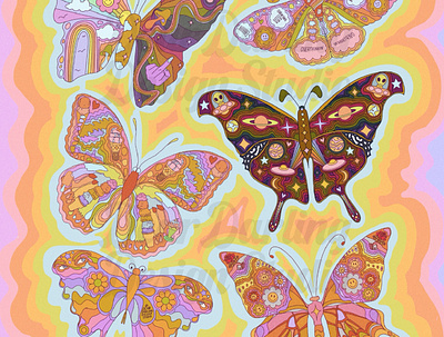 Social Butterflies Collection | 70s inspired butterfly illos 70s 70s butterfly butterflies butterfly design digital art digital illustration digital illustrator hippie illustration psychedelic retro design retro illustration trippy typogaphy vintage design