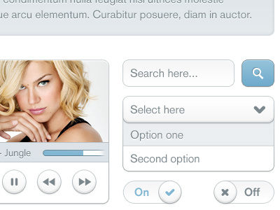 GUI Kit 3d active banner button dropdown gui hover input music off on pause play player search slider switch ui ux white