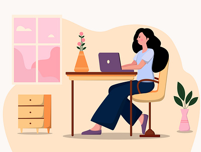 Young woman working online at home. character design design digitalartwork flat design flat illustration freelancer graphic design illustration vector