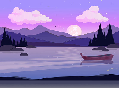 Sea landscape with mountains at night. character design design flat design flat illustration graphic design illustration mountains sea landscape vector