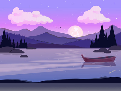 Sea landscape with mountains at night. character design design flat design flat illustration graphic design illustration mountains sea landscape vector