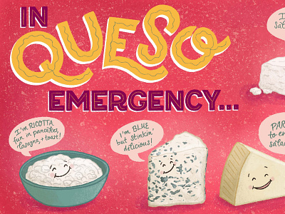 In Queso Emergency Cheese Pun Illustration 1 cheese cheese pun cute illustration food food and drink food illustration food pun foodie handlettered illustration lettering lettering art pun puns