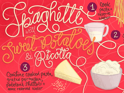 Ricotta Sweet Potato Spaghetti Recipe Food Illustration food food illustration handlettered lettering lettering art pasta recipe recipe art recipe illustration spaghetti