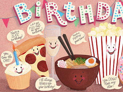Punniest Birthday Bash, part 1 birthday birthday card birthday pun cute food cute illustration food food illustration food pun food puns handdrawn illustration lettering pun pun illustration