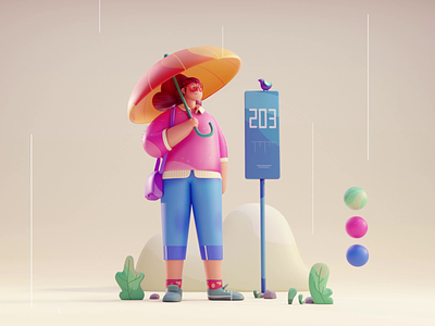 Waiting in the rain 2d 3d animation bird blender color cute girl illustration isometric loop lowpoly pepole rain umbrella woman