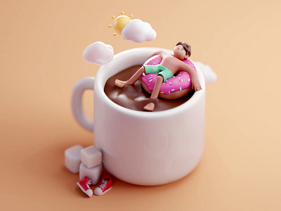 Chill out 2d 3d animation blender character chill cloud color cute design donut illustration isometric lowpoly mug relax sea sun