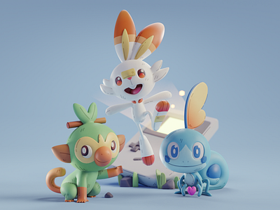 Pokemon starter 2d 3d animation blender character color cute design illustration isometric lowpoly pokemon