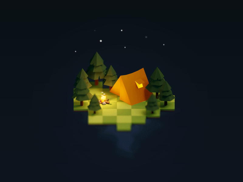 Night 3d animation blender campfire color isometric lowpoly night star tree