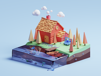 The house 3d blender color cute design fish house illustration isometric lowpoly render sea water