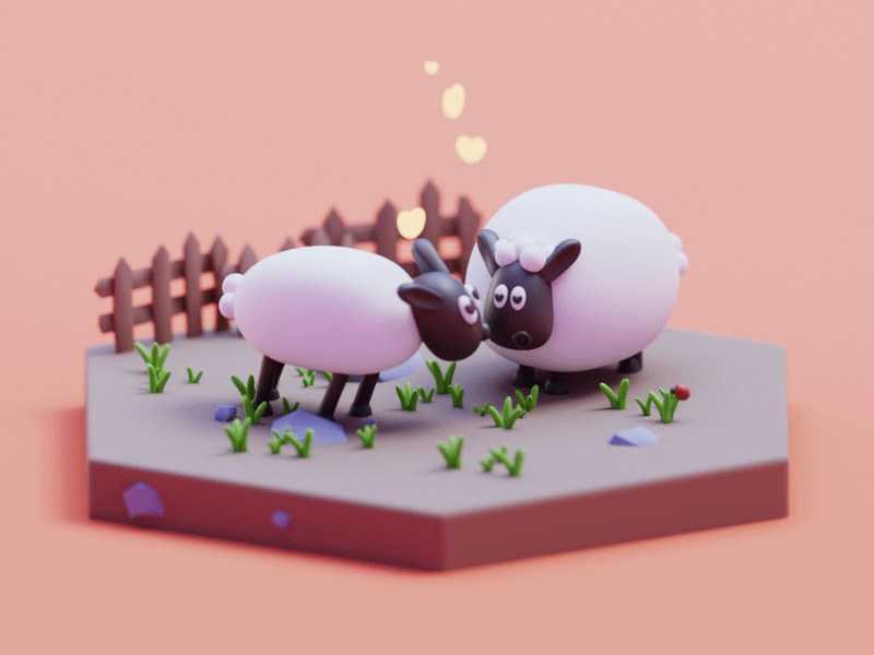 Kiss 2d 3d animation blender character color cute design gif heart illustration isometric kiss lowpoly render sheep