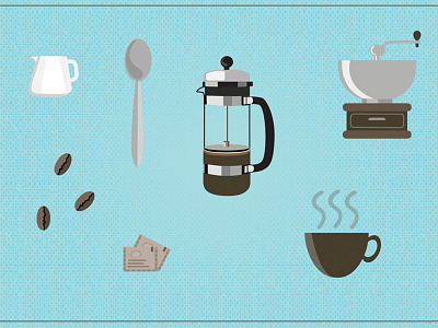Coffee tools of the trade beans cafe coffee french press grinder java spoon steam sugar