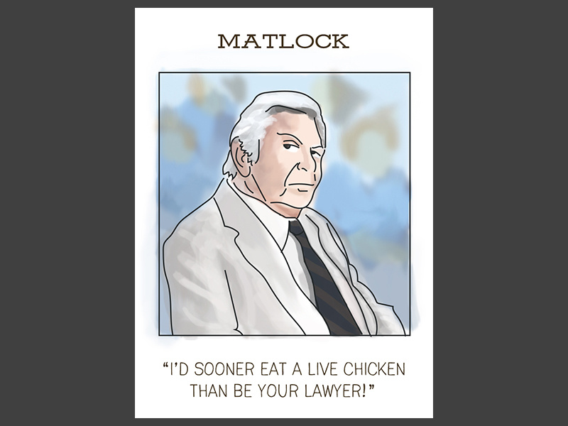 Matlock trading card marketing cartoon comic trading card lawyer matlock