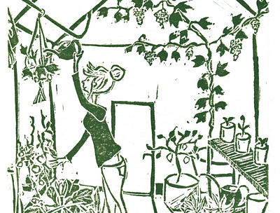 Inside the greenhouse botanical botanical illustration feelgood illustration garden illustration gardening illustration illustration illustration artist lino linocut linoprint