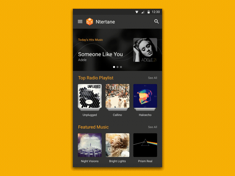 Ntertane Home Screen android animation interaction material design music user experience user interface