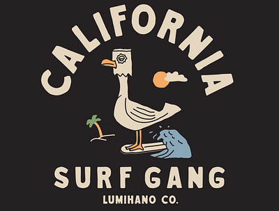 CALIFORNIA SURF GANG coastal illustration seagull surfing