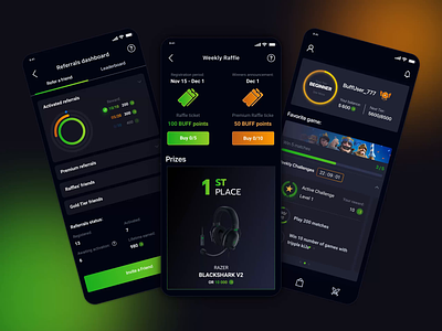 Mobile App Designs for BUFF – loyalty gaming platform animation animations app design buff dashboard gaming app gaming marketplace gaming platform illustration interface loyalty app loyalty program matches raffles refferals rewards stats ui user interface ux