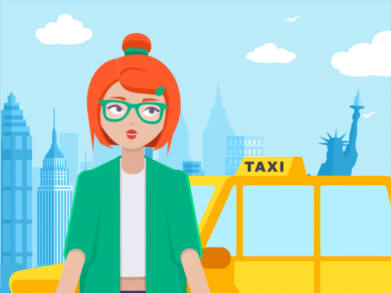 Traveling Girl By a Yellow Cab animation animation app application character design flat gif ny graphic illustration traveling vector zajno