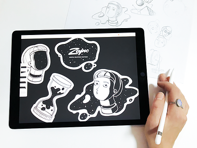 Brand Sticker Pack Made With iPad Pro adobe draw art black and white brand clean creativity drawing experimental hourglass ipad pro modern neat simple sketch space spaceman stickers stuff ui zajno