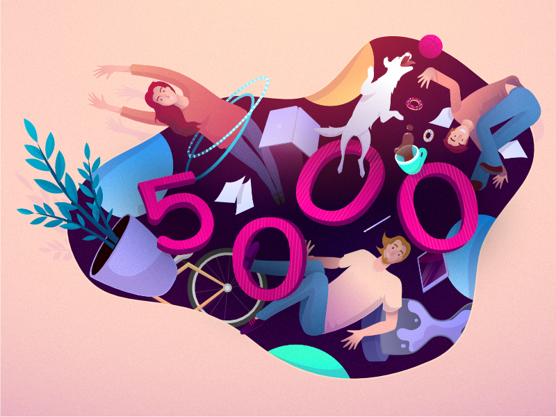 Zajno: 5,000 Followers Celebration Illustration bike celebration coffee dog girl gravity guy illustration numbers plant ui zajno