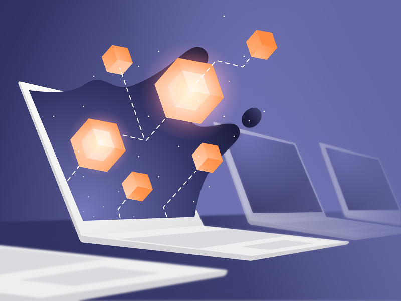 Illustration for Blockchain Loyalty Frequent Flyer Platform marketing homepage advantage laptop cube zajno innovation technology decentralized blockchain blocks illustration