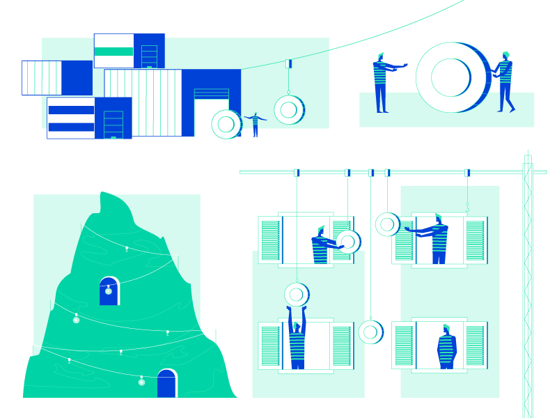 Illustrations for Decentralized Cryptocurrency Exchange Platform construction crypto margin trading market blockchain exchange mountains decentralized coin illustration zajno metaphor