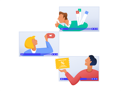 Illustrations for a Video Hosting & Marketing Platform app bright colors business casual character design expressive character friendly hipster human centered illustration informal live marketing platform office rebranding ui ux vector zajno