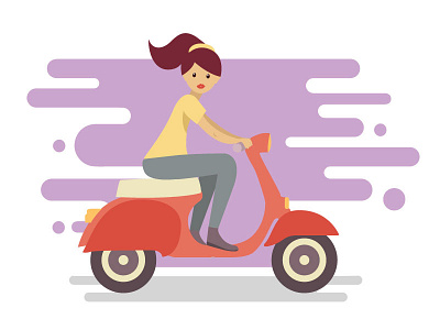 Young woman character riding fast retro scooter character fast flat girl scooter woman