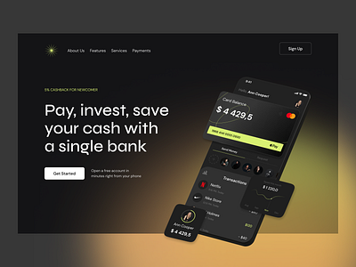 Mobile Banking Concept Home Page 3d app banking banking card card concept dark figma gradient graphs green isometric landing page typography ui ux ux mobile voit team wallet web design