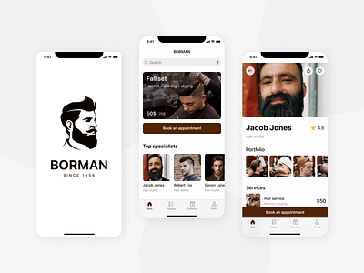 Borman — barbershop mobile app IOS android app app man barber barber app barbershop berbershop app brown brown design color palette for man haircut ios app logo mobile mobile app service shop shaving splash screen ui web design