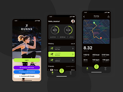 RUNNS — mobile running app black dark dark mode fitness fitness trasker green health tracker heath light mode popular run running running app sport sport app trasker