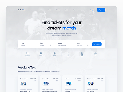 Homepage - Ticket.io blue branding design football homepage modern online shop shop sport trends ui ux webpage website website design white