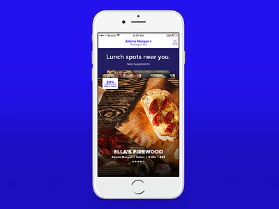 Suggestions Screen blue cards flat food ios iphone restaurant sketch suggestions swipe ui