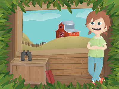 Presley Pickens barn binoculars book farm fort girl illustration leaves tree wood
