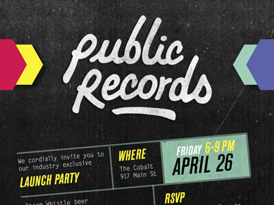 Public Records Invitation chevron dark event grunge invitation invite periwinkle photocopy pink teal yellow