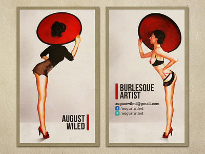 August Wiled, Burlesque Artist: Business Cards burlesque business card hat heels pinup red reveal woman