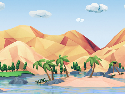 Low-poly Oasis cartoon concept art game art game ui game ux ios iphone low poly mobile monster paper art purple