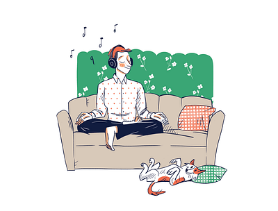 Taking some "me" time break time creative market happy home office illustration listening to music man with a dog me time meditating man relaxed relaxed businessman relaxed man working from home