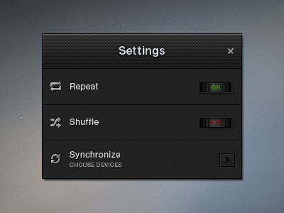 Settings (Free PSD) black board dark freebie gui interface nob plastic random repeat settings shuffle synchronize ui widget